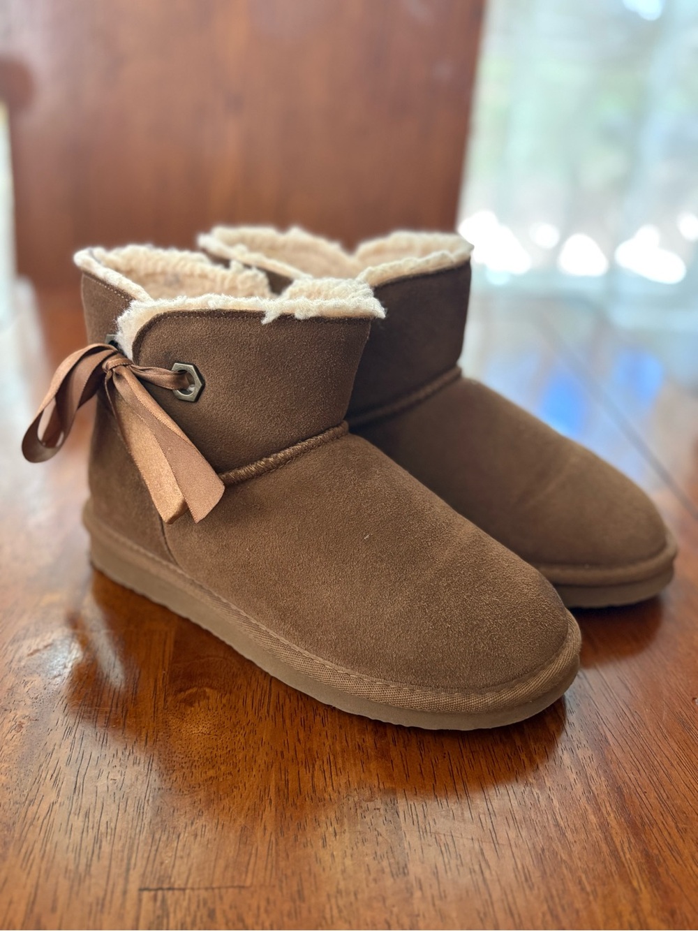 Bear Claw Cozy Faux-Suede Ankle Boots in Brown with Shearling Trim